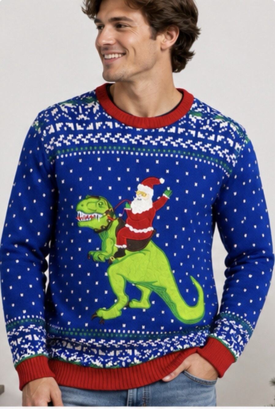 33 Degrees Santa Riding T-Rex Ugly Christmas Sweater Mens XL Blue Holiday